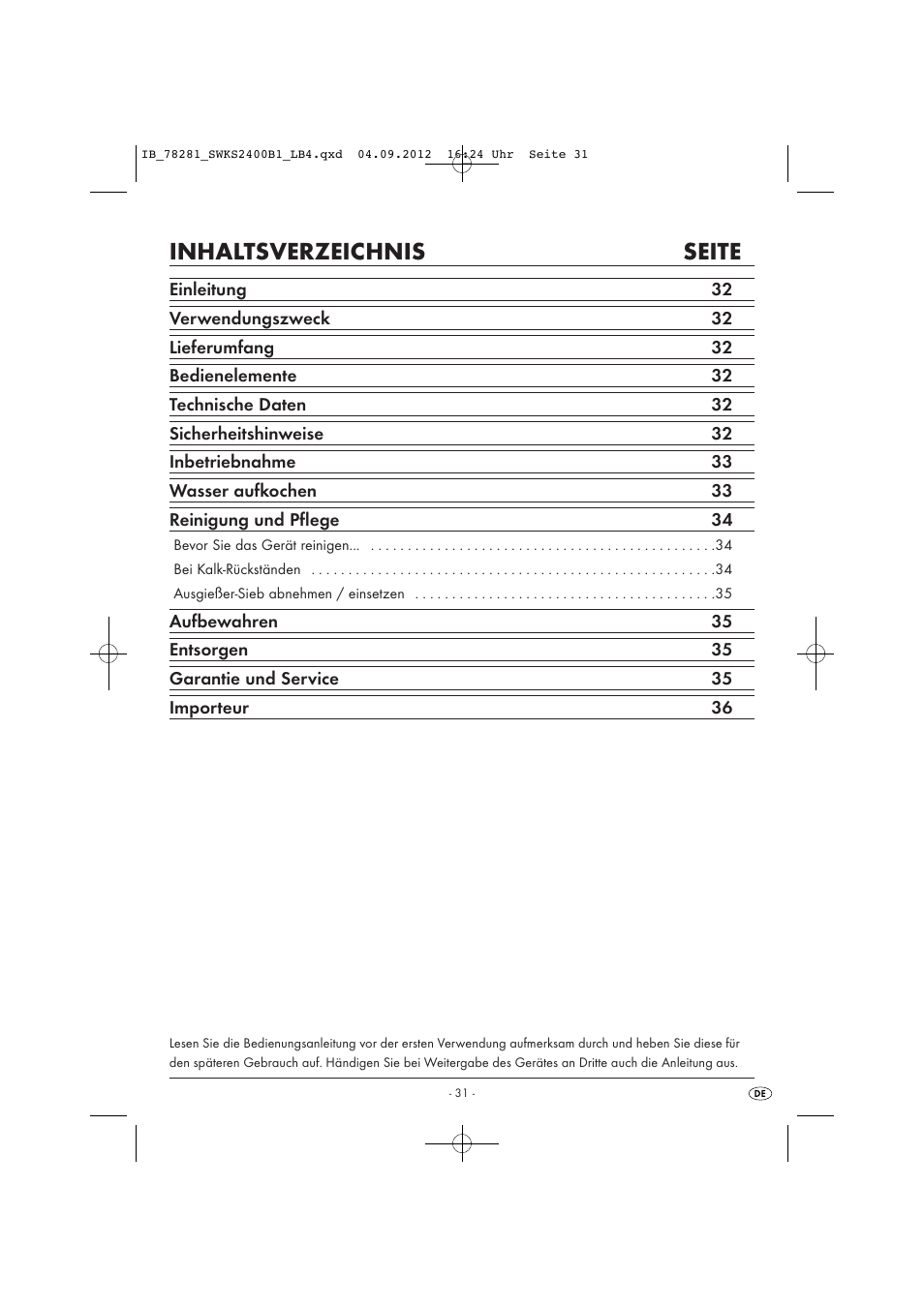 Inhaltsverzeichnis seite | Silvercrest SWKS 2400 B1 User Manual | Page 34 / 40