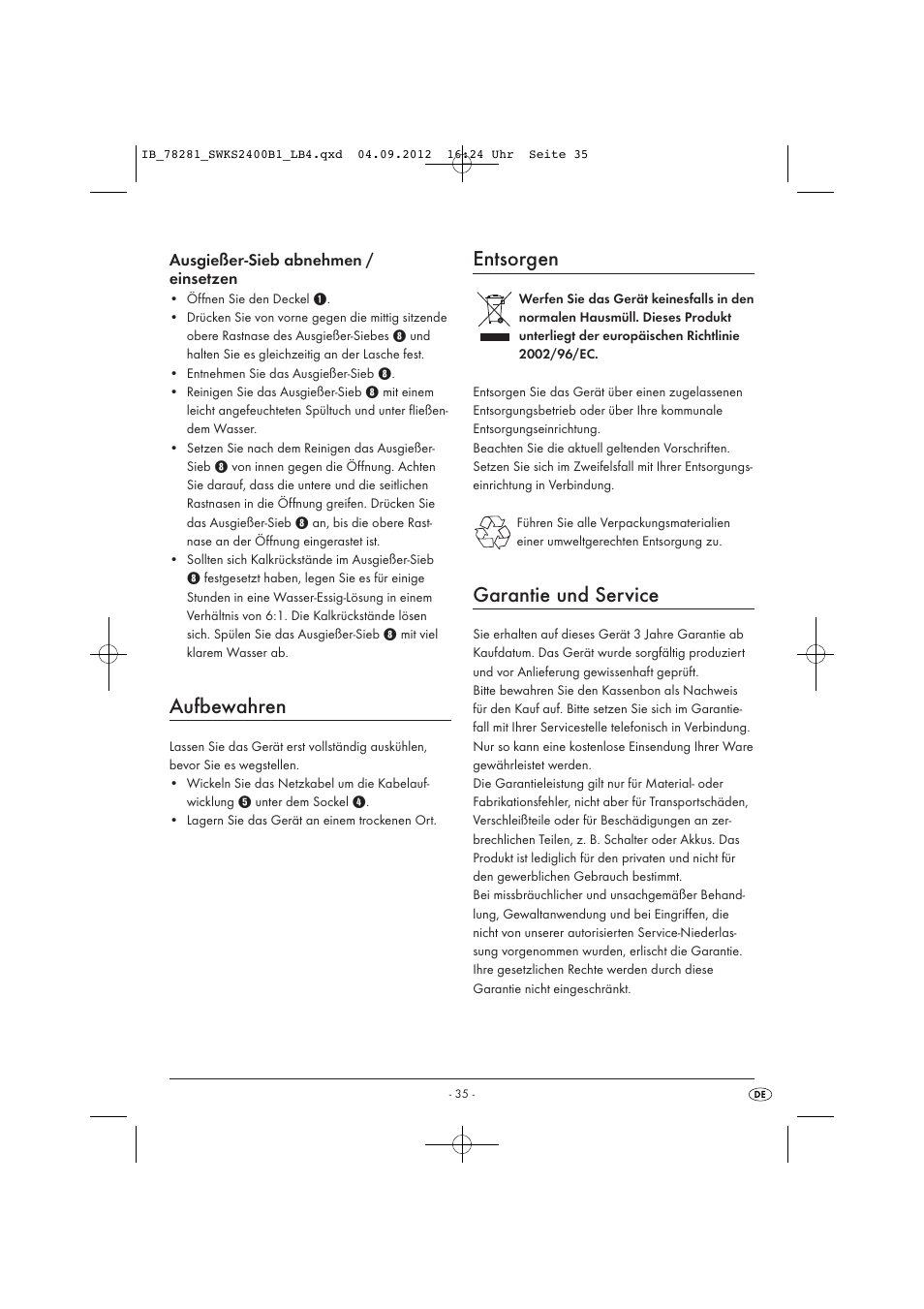 Aufbewahren, Entsorgen, Garantie und service | Silvercrest SWKS 2400 B1 User Manual | Page 38 / 40