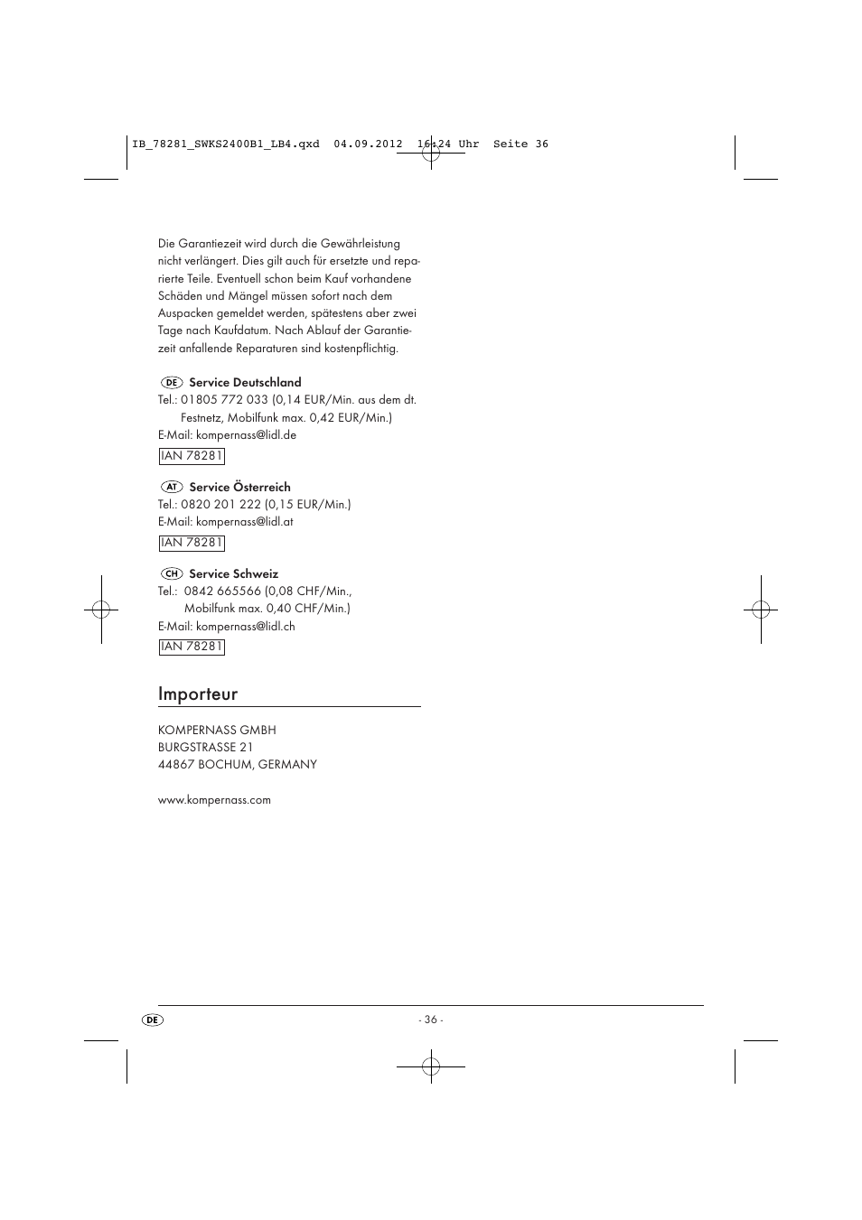 Importeur | Silvercrest SWKS 2400 B1 User Manual | Page 39 / 40