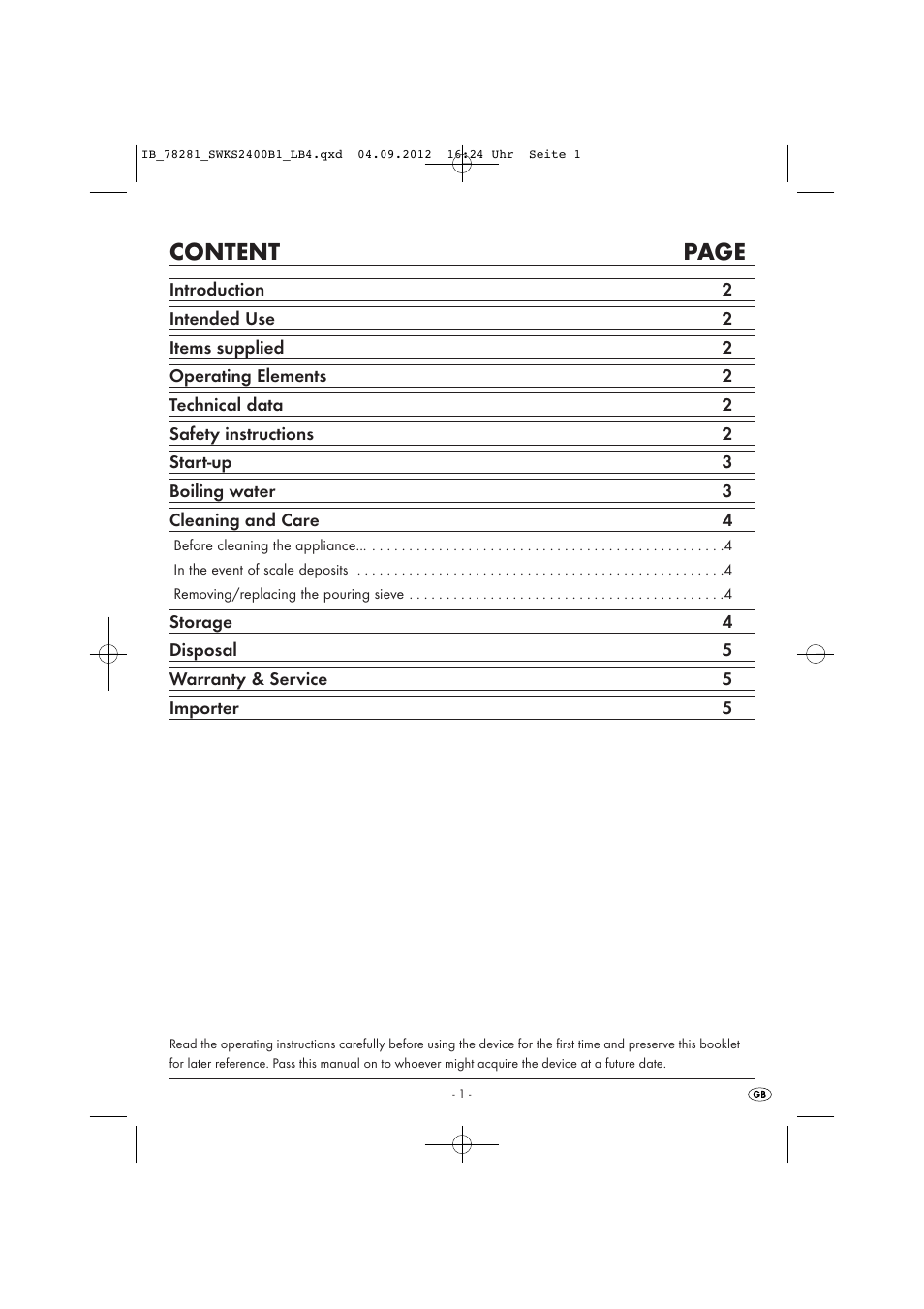 Content page | Silvercrest SWKS 2400 B1 User Manual | Page 4 / 40