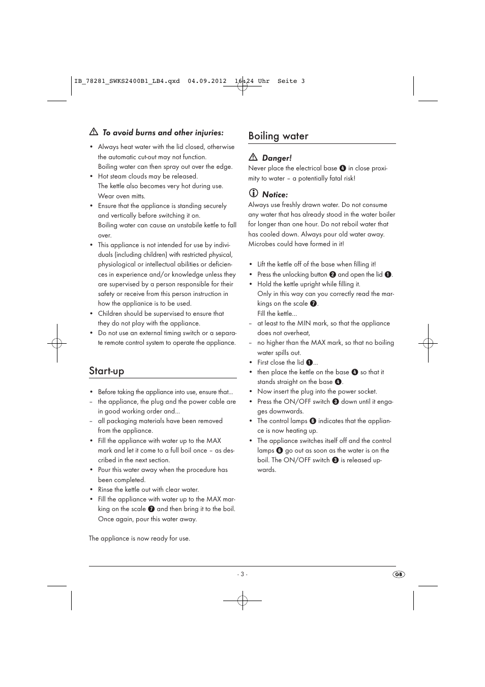 Start-up, Boiling water, Danger | Notice | Silvercrest SWKS 2400 B1 User Manual | Page 6 / 40