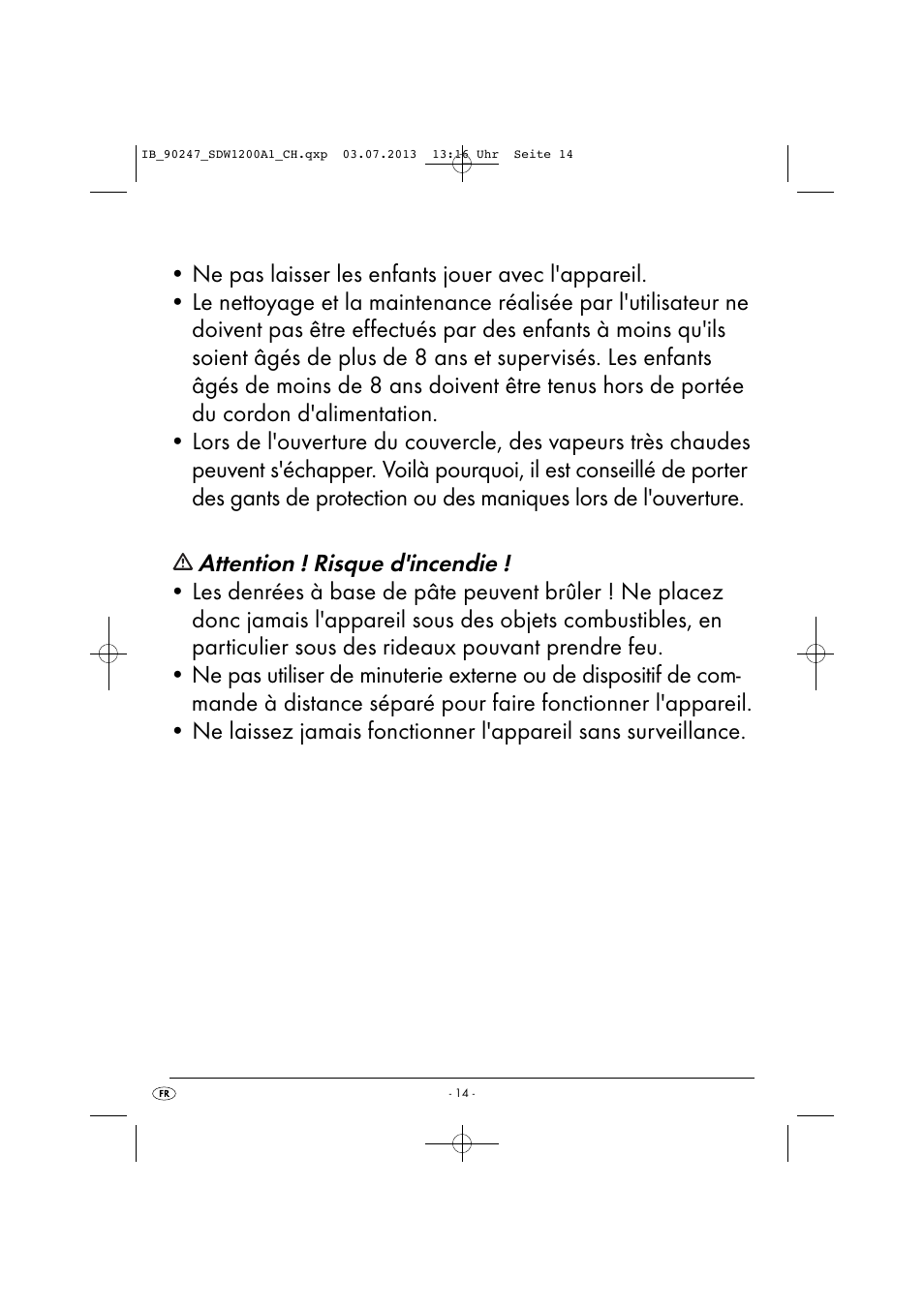 Attention ! risque d'incendie | Silvercrest SDW 1200 B2 User Manual | Page 17 / 44
