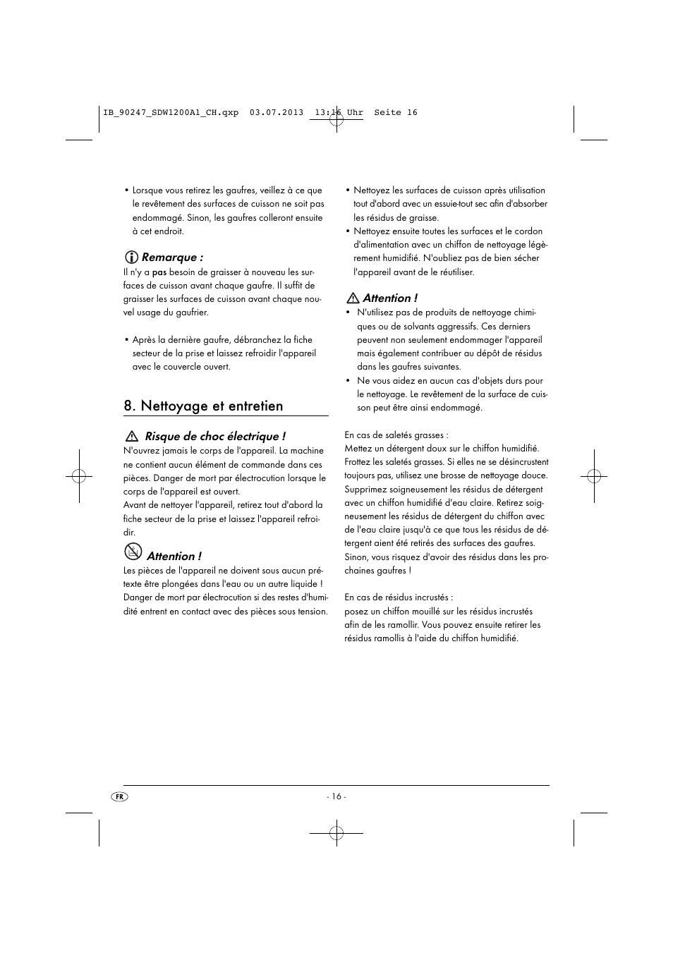 Nettoyage et entretien, Remarque, Risque de choc électrique | Attention | Silvercrest SDW 1200 B2 User Manual | Page 19 / 44