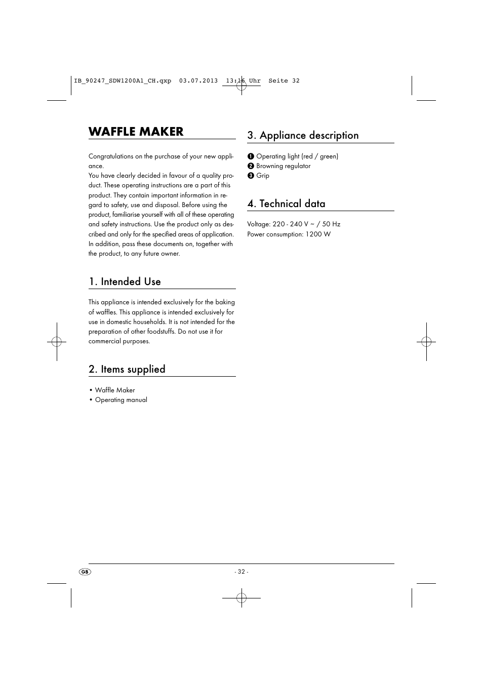 Waffle maker, Intended use, Items supplied | Appliance description, Technical data | Silvercrest SDW 1200 B2 User Manual | Page 35 / 44