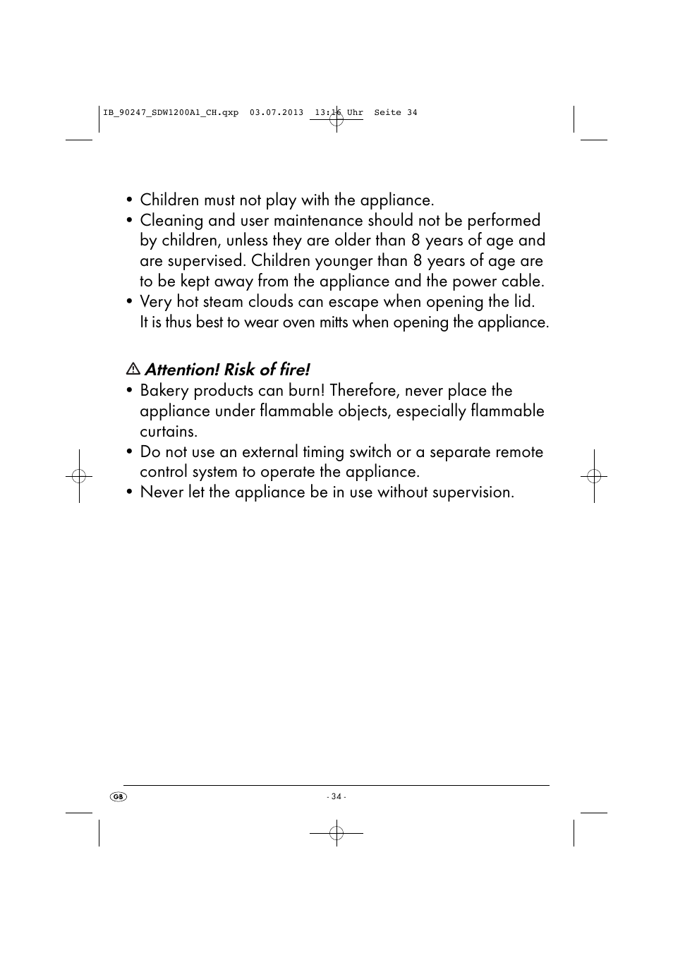 Attention! risk of fire | Silvercrest SDW 1200 B2 User Manual | Page 37 / 44