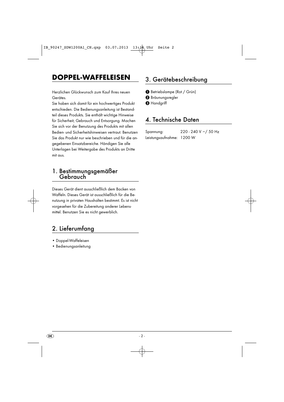 Doppel-waffeleisen, Bestimmungsgemäßer gebrauch, Lieferumfang | Gerätebeschreibung, Technische daten | Silvercrest SDW 1200 B2 User Manual | Page 5 / 44