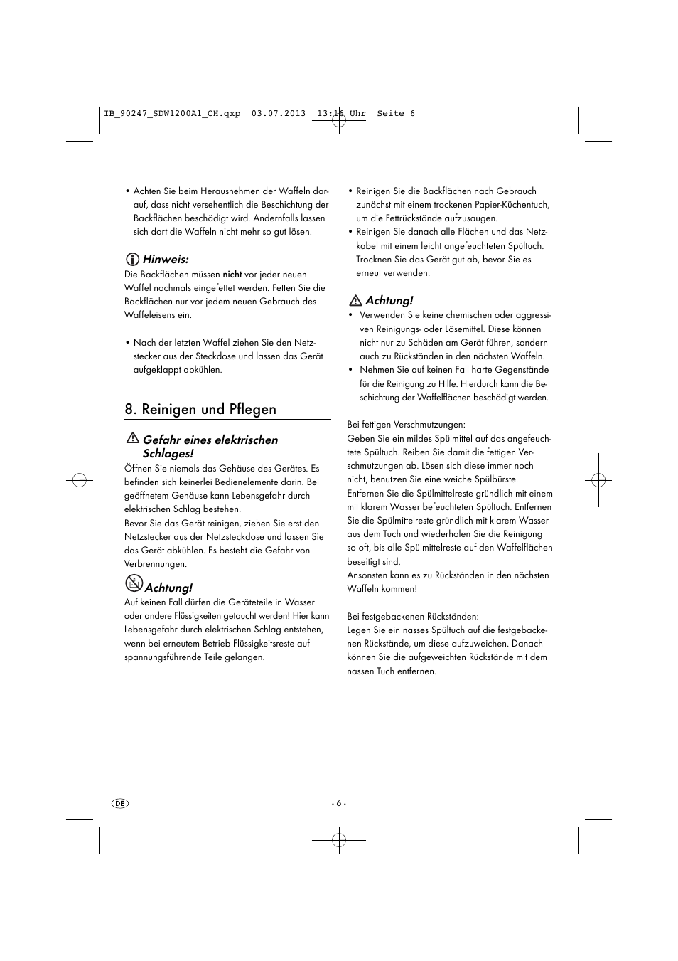 Reinigen und pflegen, Hinweis, Gefahr eines elektrischen schlages | Achtung | Silvercrest SDW 1200 B2 User Manual | Page 9 / 44