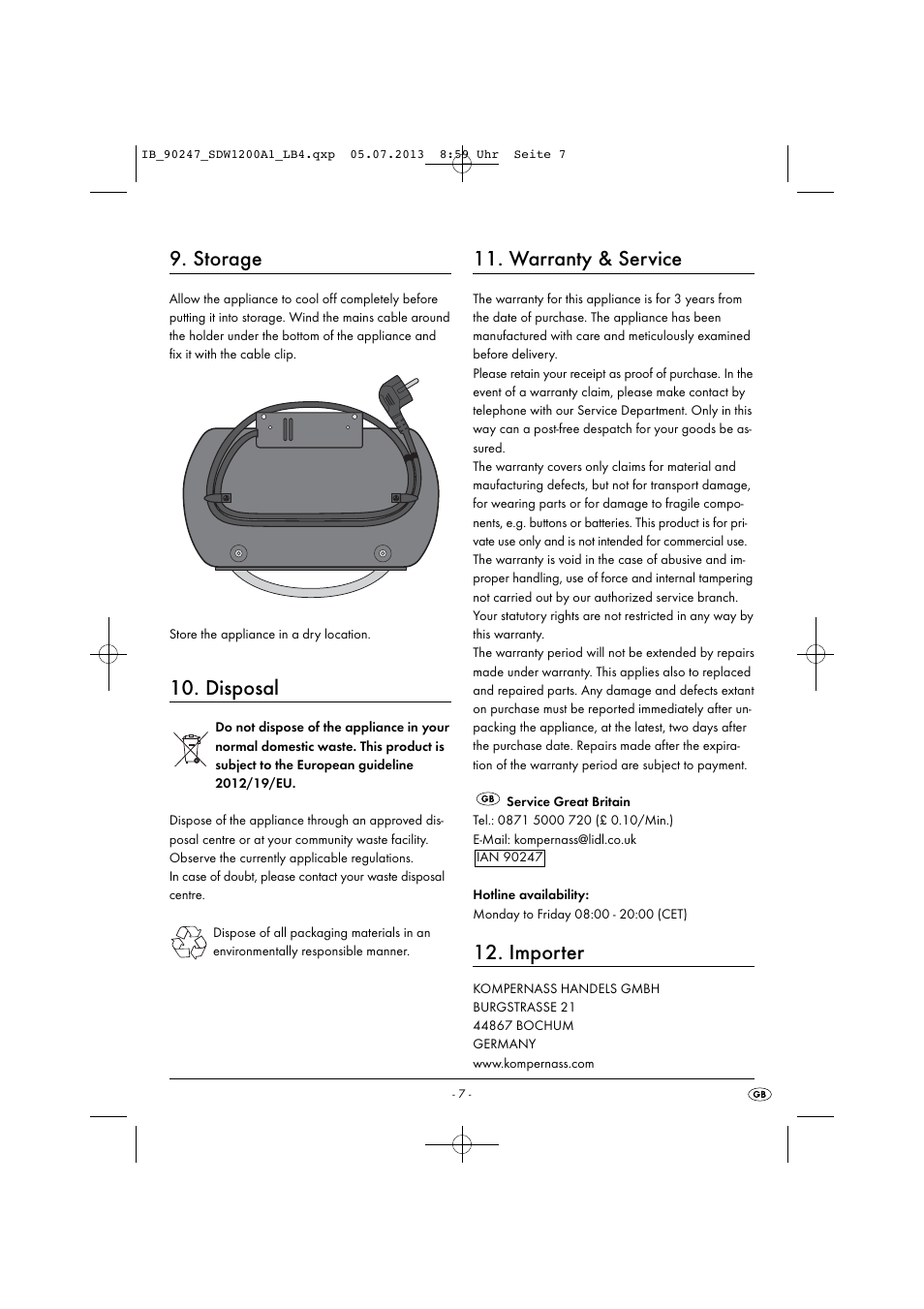 Storage, Disposal, Warranty & service | Importer | Silvercrest SDW 1200 B2 User Manual | Page 10 / 64