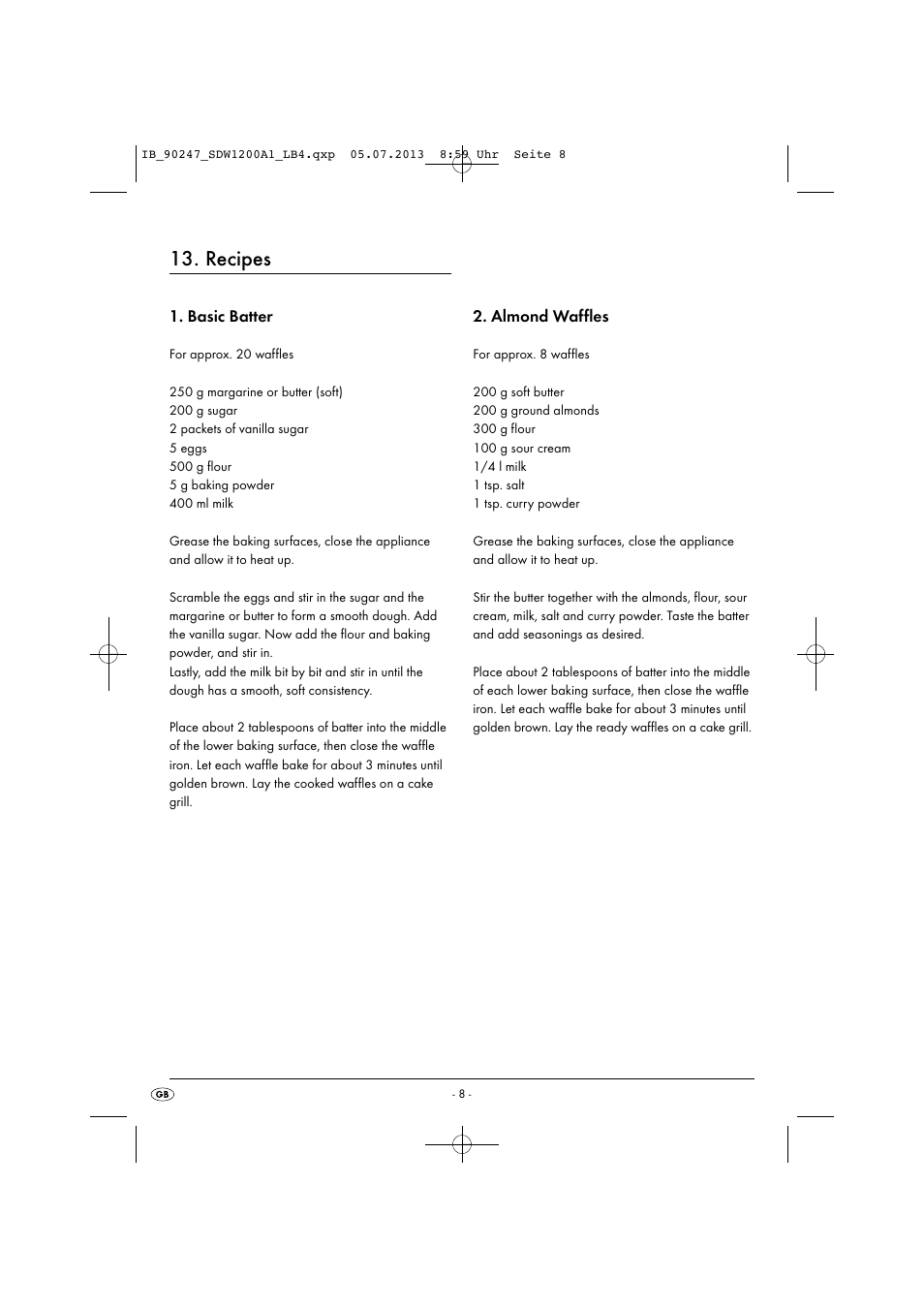 Recipes, Basic batter, Almond waffles | Silvercrest SDW 1200 B2 User Manual | Page 11 / 64