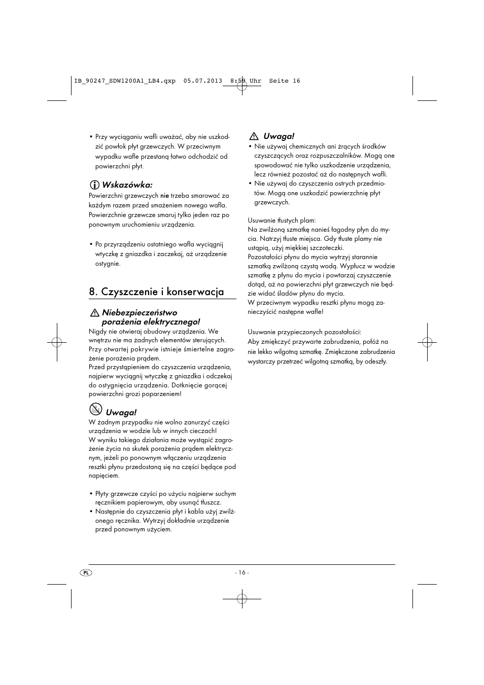 Czyszczenie i konserwacja, Wskazówka, Niebezpieczeństwo porażenia elektrycznego | Uwaga | Silvercrest SDW 1200 B2 User Manual | Page 19 / 64