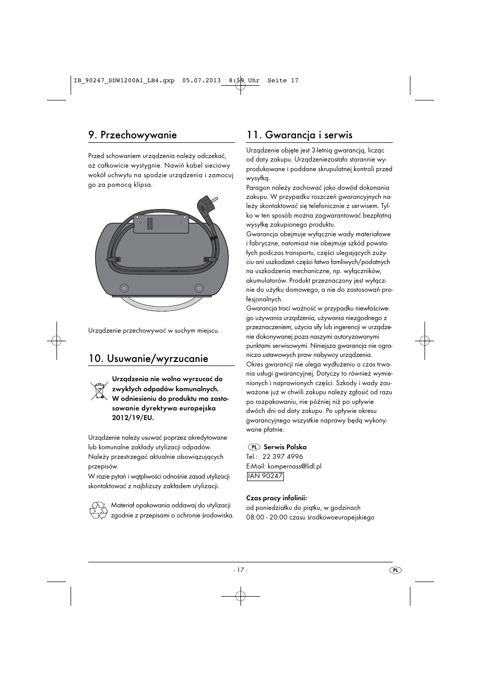 Przechowywanie, Usuwanie/wyrzucanie, Gwarancja i serwis | Silvercrest SDW 1200 B2 User Manual | Page 20 / 64