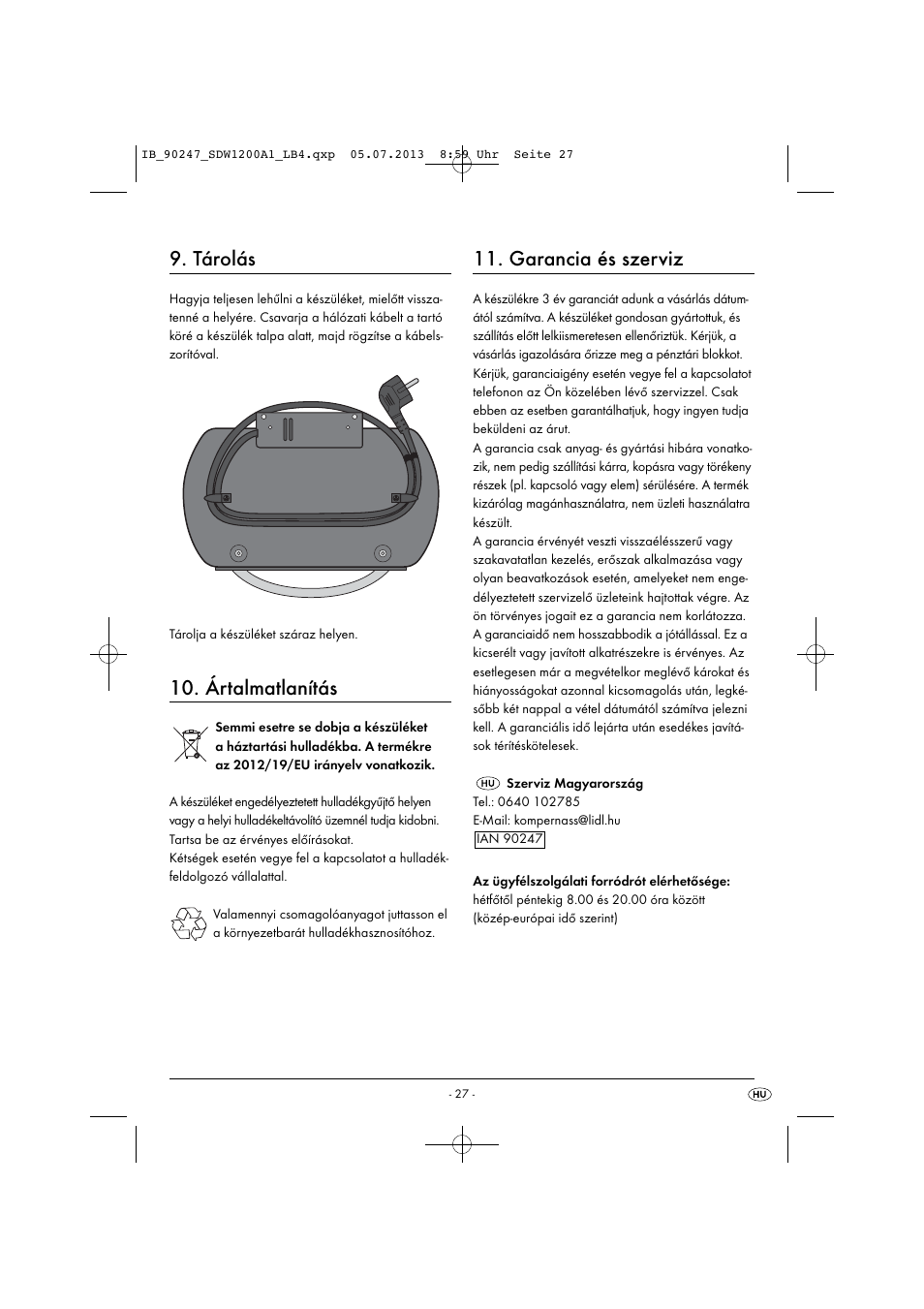 Tárolás, Ártalmatlanítás, Garancia és szerviz | Silvercrest SDW 1200 B2 User Manual | Page 30 / 64