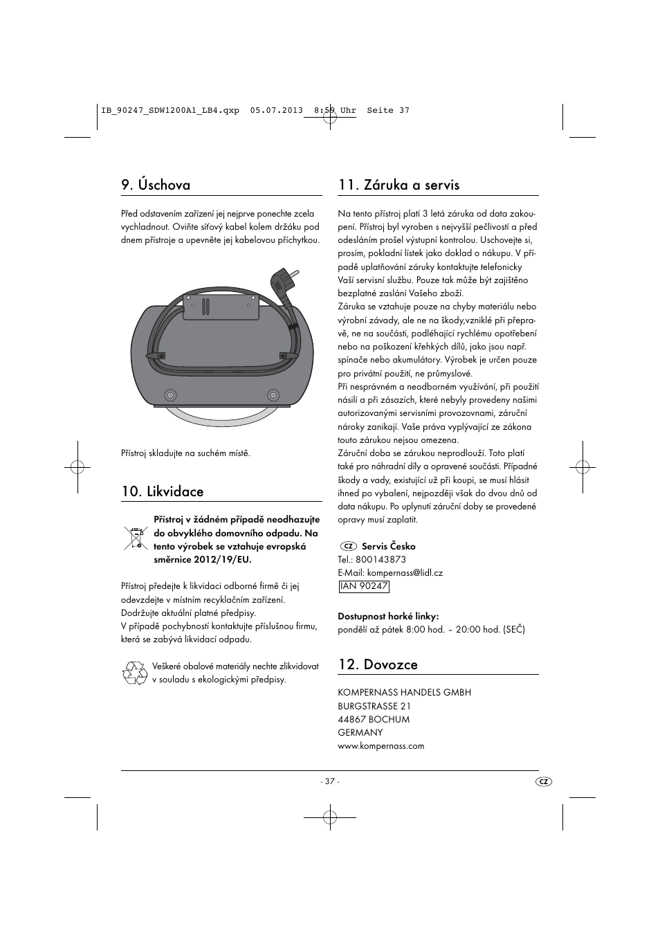 Úschova, Likvidace, Záruka a servis | Dovozce | Silvercrest SDW 1200 B2 User Manual | Page 40 / 64