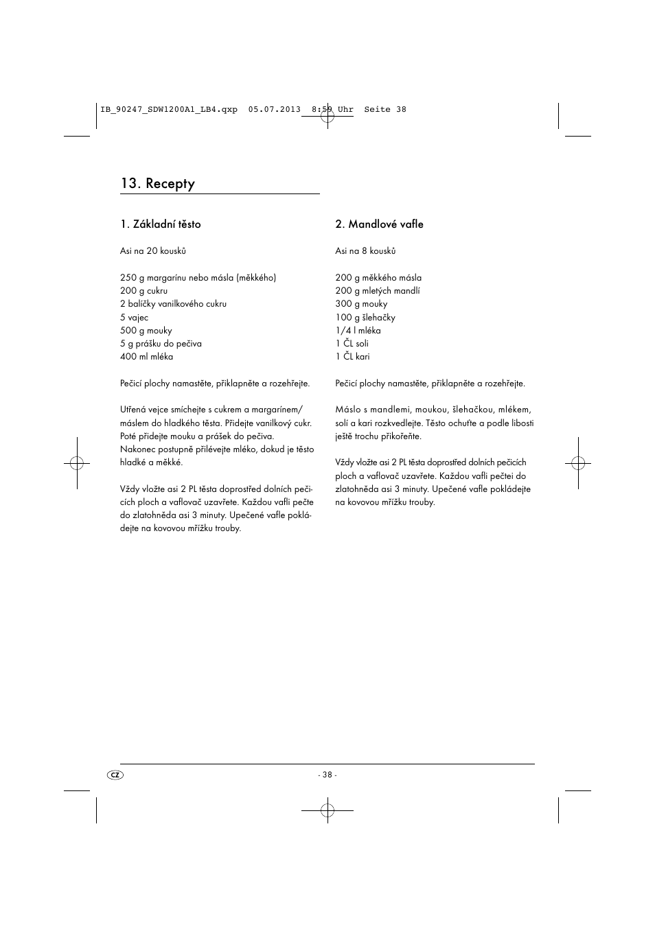 Recepty, Základní těsto, Mandlové vafle | Silvercrest SDW 1200 B2 User Manual | Page 41 / 64