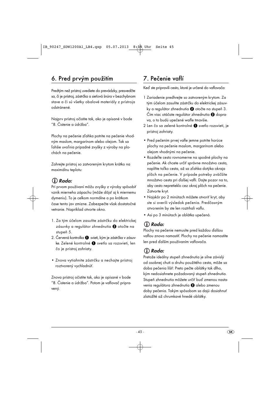 Pred prvým použitím, Pečenie vaflí, Rada | Silvercrest SDW 1200 B2 User Manual | Page 48 / 64