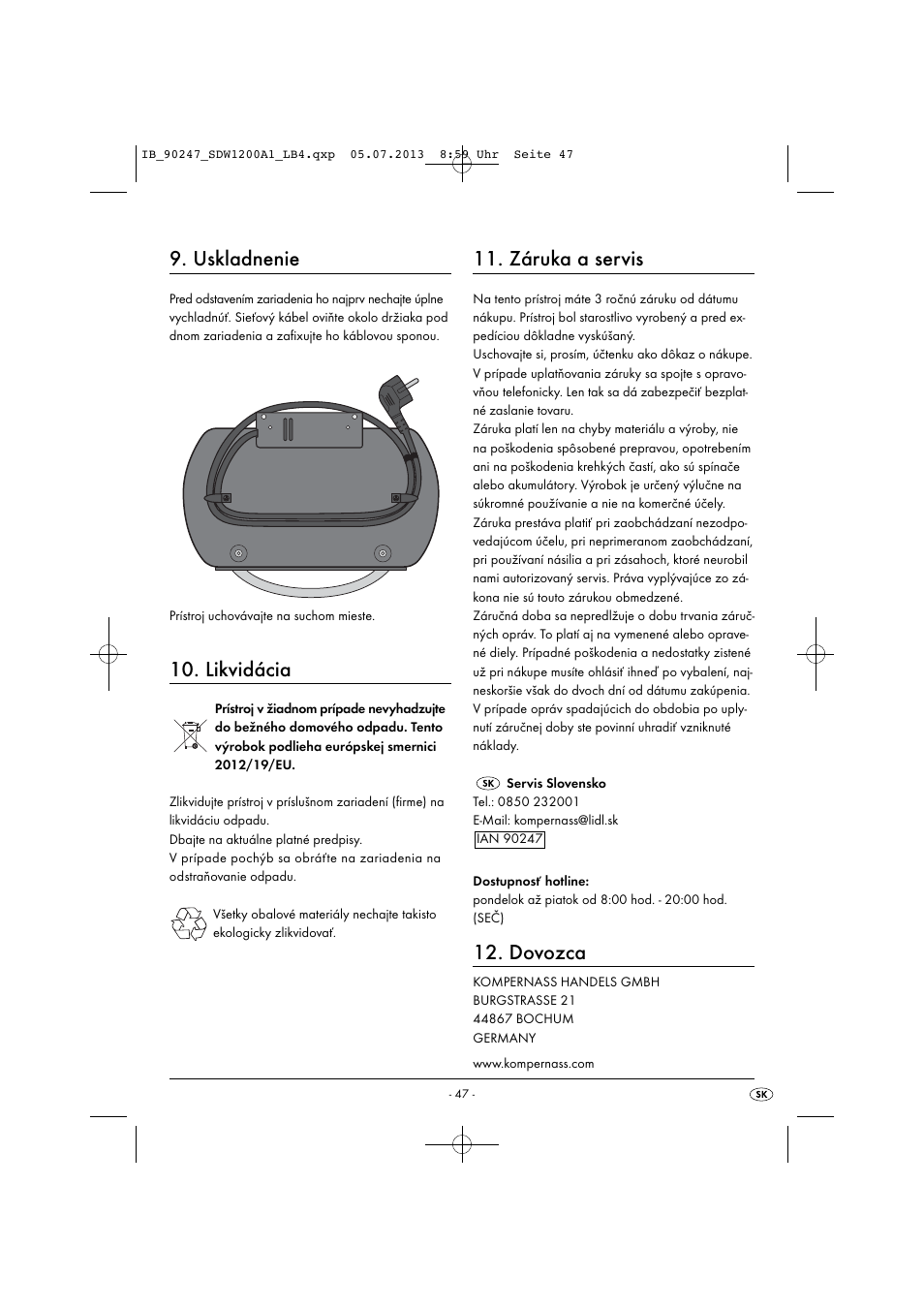 Uskladnenie, Likvidácia, Záruka a servis | Dovozca | Silvercrest SDW 1200 B2 User Manual | Page 50 / 64