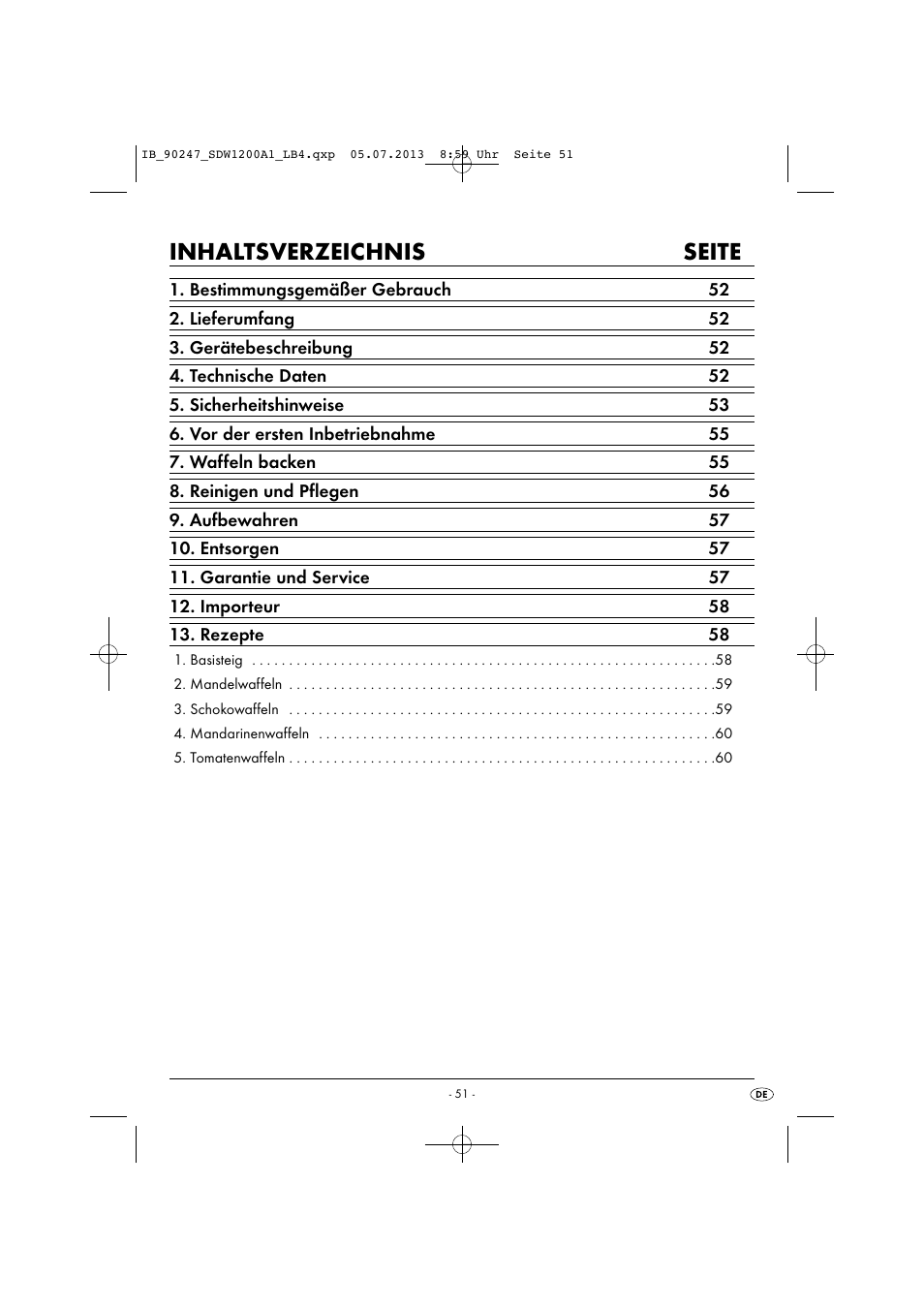 Inhaltsverzeichnis seite | Silvercrest SDW 1200 B2 User Manual | Page 54 / 64