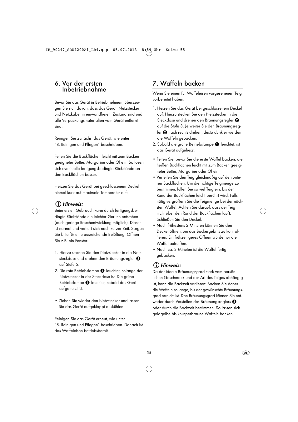 Vor der ersten inbetriebnahme, Waffeln backen, Hinweis | Silvercrest SDW 1200 B2 User Manual | Page 58 / 64