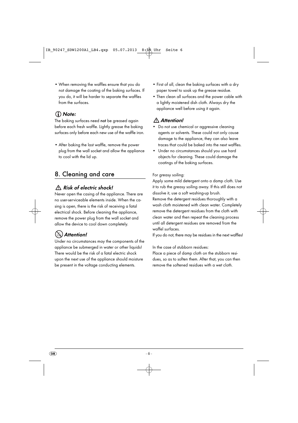 Cleaning and care, Risk of electric shock, Attention | Silvercrest SDW 1200 B2 User Manual | Page 9 / 64