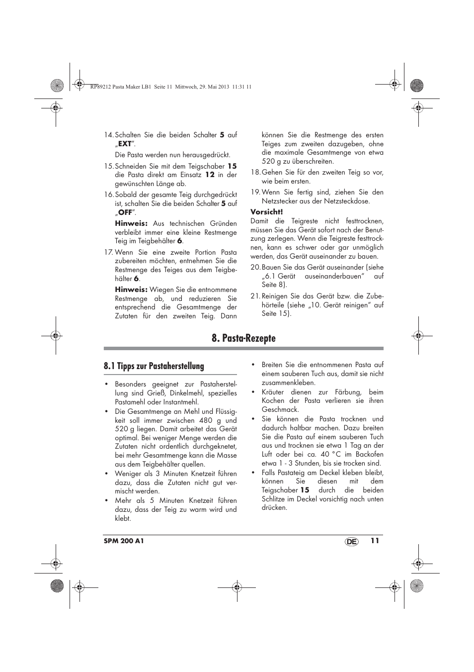 Pasta-rezepte, 1 tipps zur pastaherstellung | Silvercrest SPM 200 A1 User Manual | Page 13 / 86
