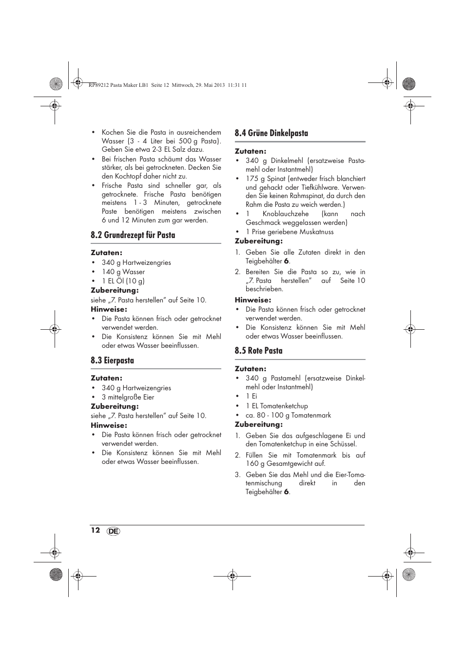 2 grundrezept für pasta, 3 eierpasta, 4 grüne dinkelpasta | 5 rote pasta | Silvercrest SPM 200 A1 User Manual | Page 14 / 86