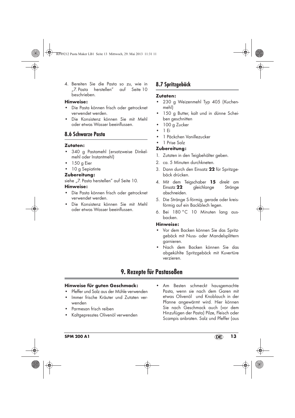 Rezepte für pastasoßen, 6 schwarze pasta, 7 spritzgebäck | Silvercrest SPM 200 A1 User Manual | Page 15 / 86