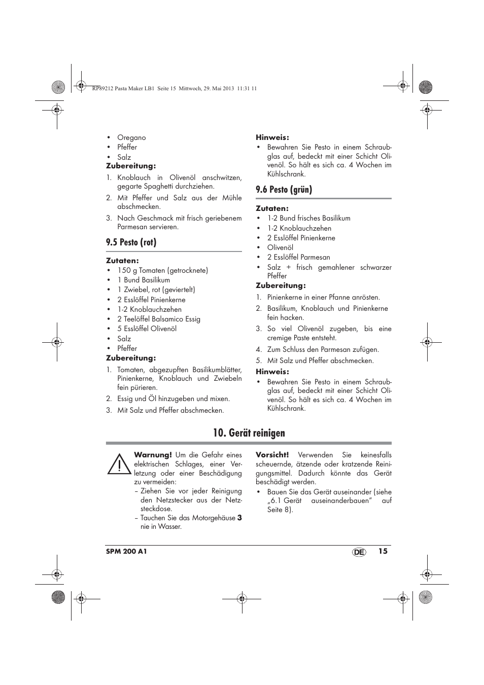 Gerät reinigen, 5 pesto (rot), 6 pesto (grün) | Silvercrest SPM 200 A1 User Manual | Page 17 / 86