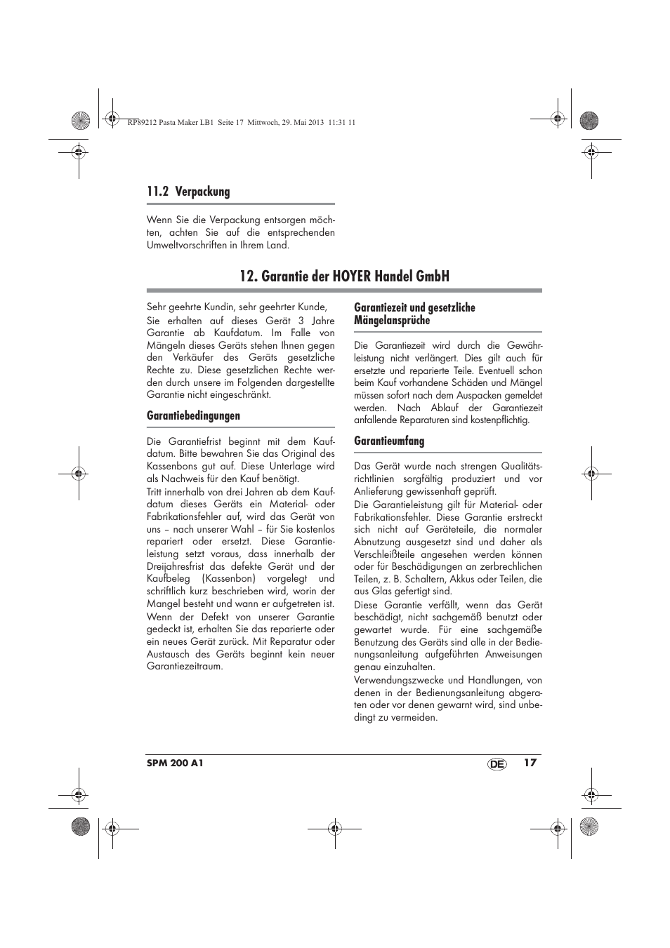 Garantie der hoyer handel gmbh | Silvercrest SPM 200 A1 User Manual | Page 19 / 86