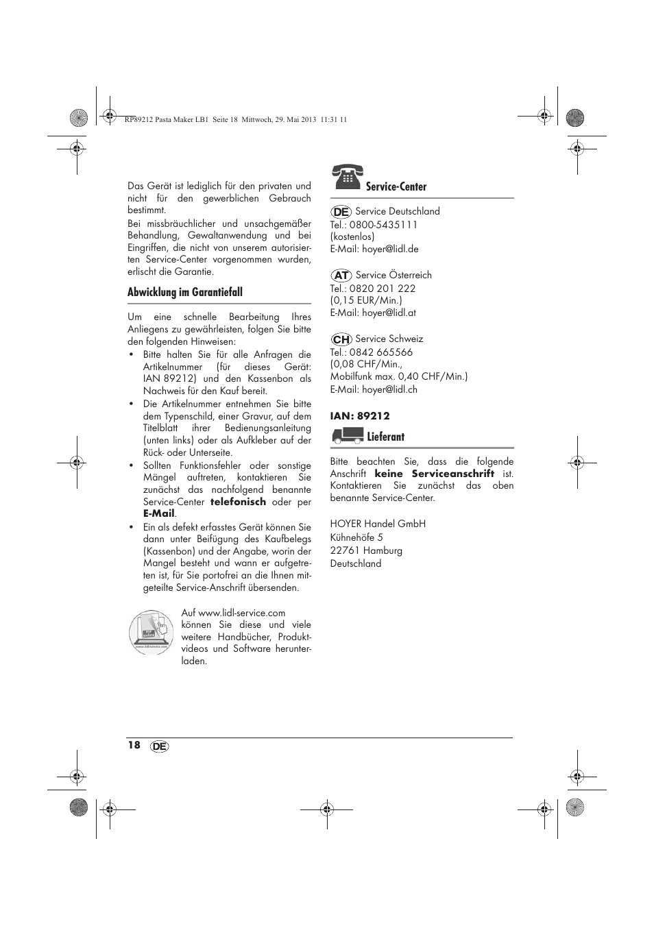 Abwicklung im garantiefall, Service-center, Lieferant | Silvercrest SPM 200 A1 User Manual | Page 20 / 86