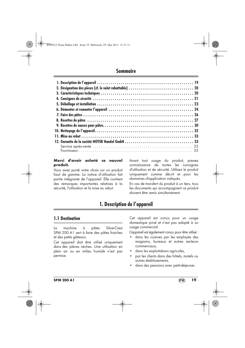 Sommaire, Description de l’appareil, 1 destination | Silvercrest SPM 200 A1 User Manual | Page 21 / 86