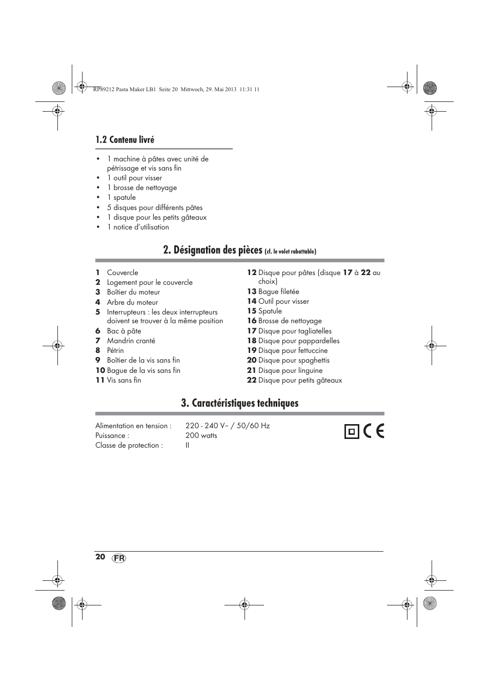 Désignation des pièces, Caractéristiques techniques, 2 contenu livré | Silvercrest SPM 200 A1 User Manual | Page 22 / 86