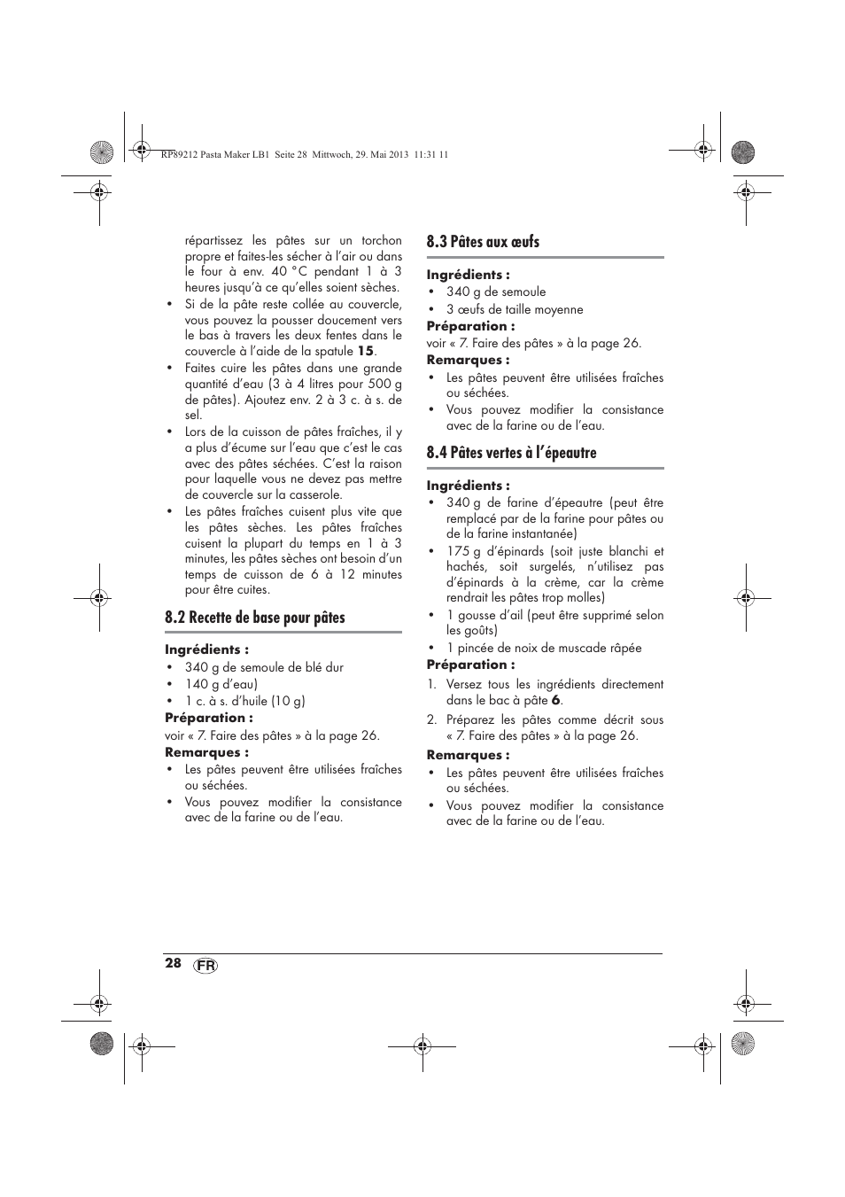 2 recette de base pour pâtes, 3 pâtes aux œufs, 4 pâtes vertes à l’épeautre | Silvercrest SPM 200 A1 User Manual | Page 30 / 86