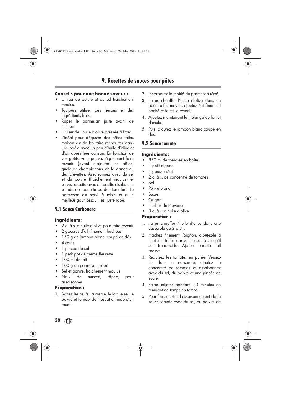 Recettes de sauces pour pâtes, 1 sauce carbonara, 2 sauce tomate | Silvercrest SPM 200 A1 User Manual | Page 32 / 86