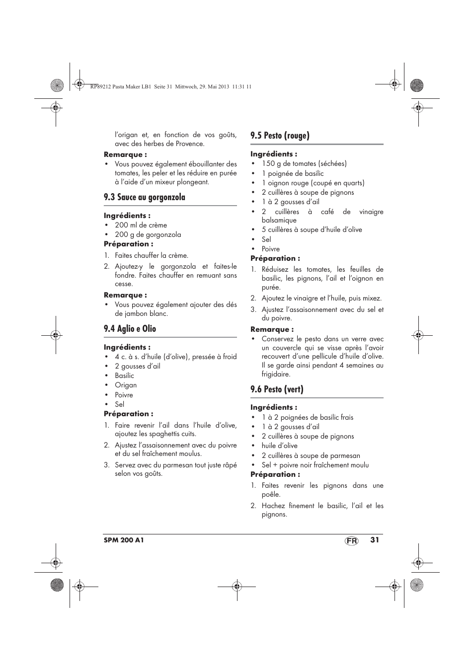 3 sauce au gorgonzola, 4 aglio e olio, 5 pesto (rouge) | 6 pesto (vert) | Silvercrest SPM 200 A1 User Manual | Page 33 / 86