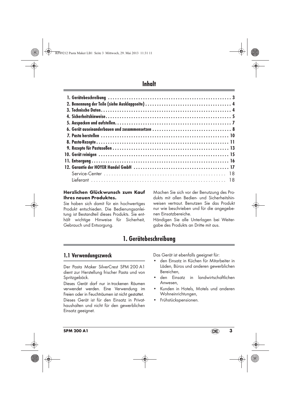 Inhalt, Gerätebeschreibung, 1 verwendungszweck | Silvercrest SPM 200 A1 User Manual | Page 5 / 86