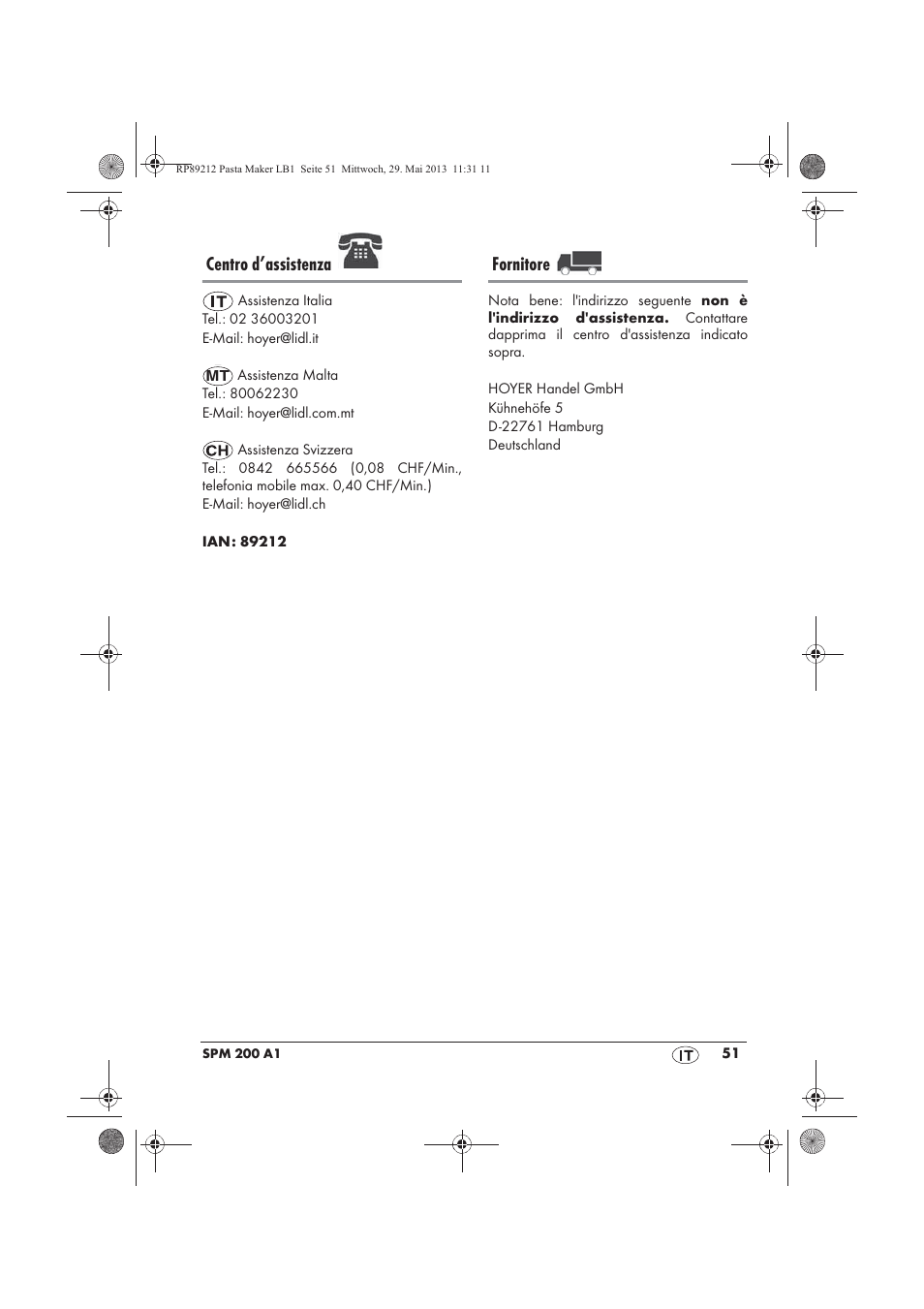 Centro d’assistenza, Fornitore | Silvercrest SPM 200 A1 User Manual | Page 53 / 86