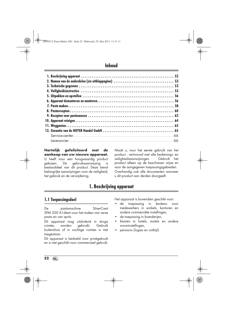 Inhoud, Beschrijving apparaat | Silvercrest SPM 200 A1 User Manual | Page 54 / 86