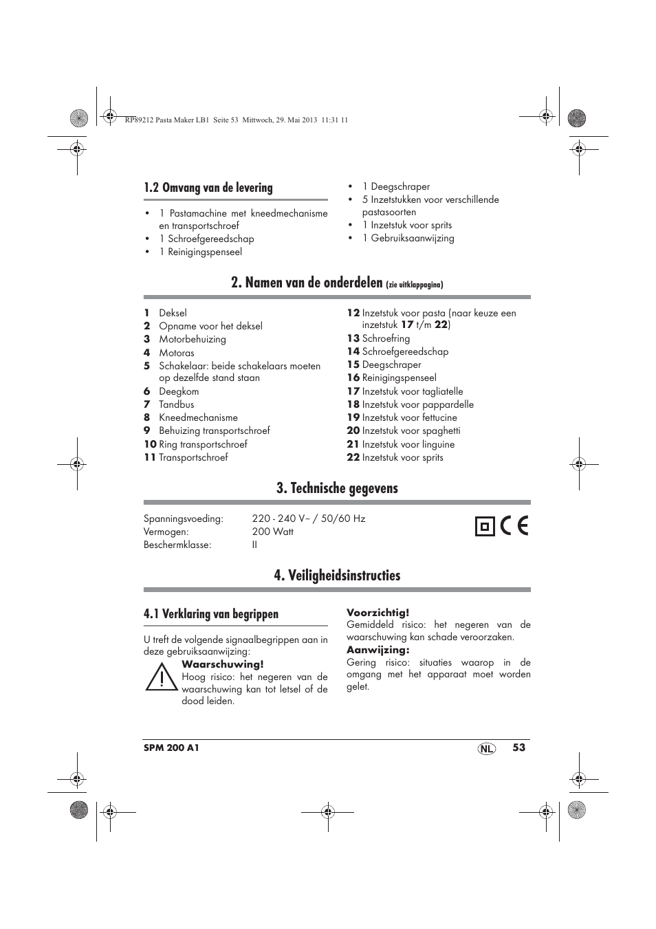 Namen van de onderdelen, Technische gegevens, Veiligheidsinstructies | 2 omvang van de levering, 1 verklaring van begrippen | Silvercrest SPM 200 A1 User Manual | Page 55 / 86