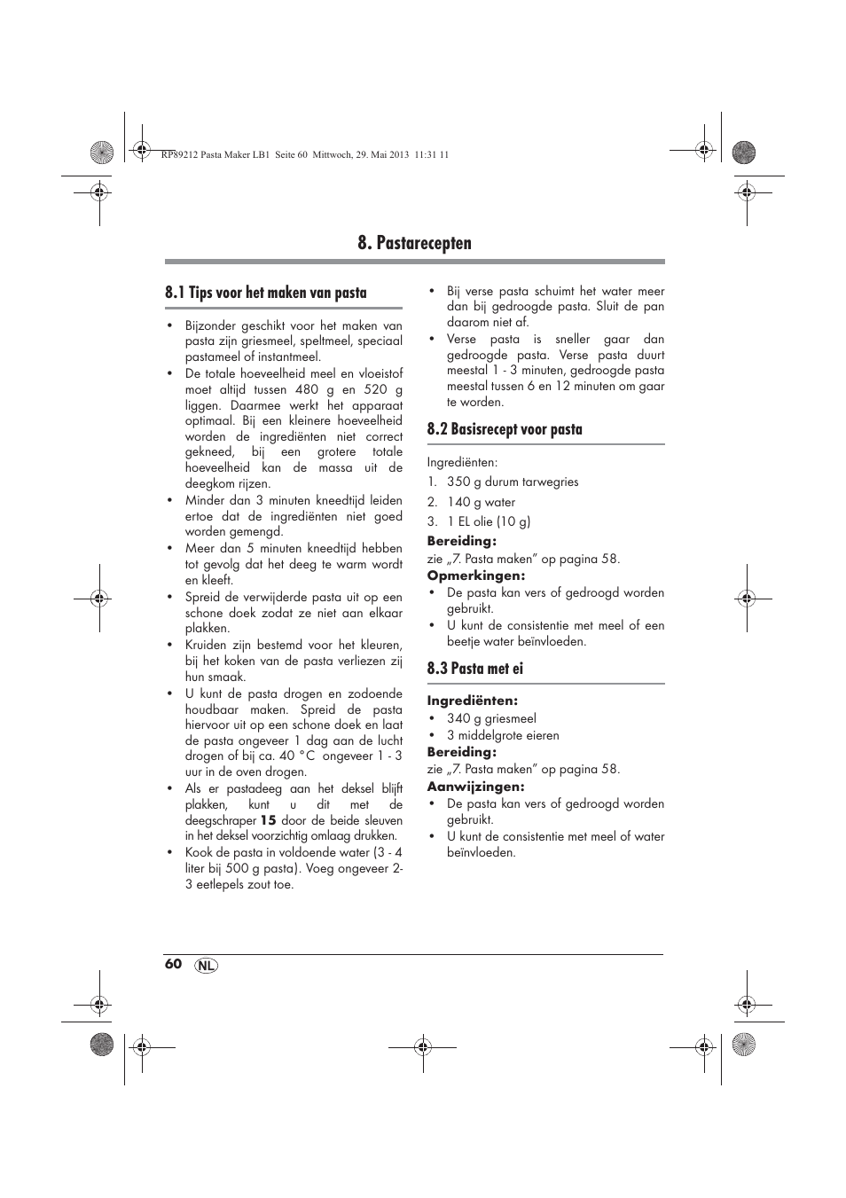 Pastarecepten, 1 tips voor het maken van pasta, 2 basisrecept voor pasta | 3 pasta met ei | Silvercrest SPM 200 A1 User Manual | Page 62 / 86