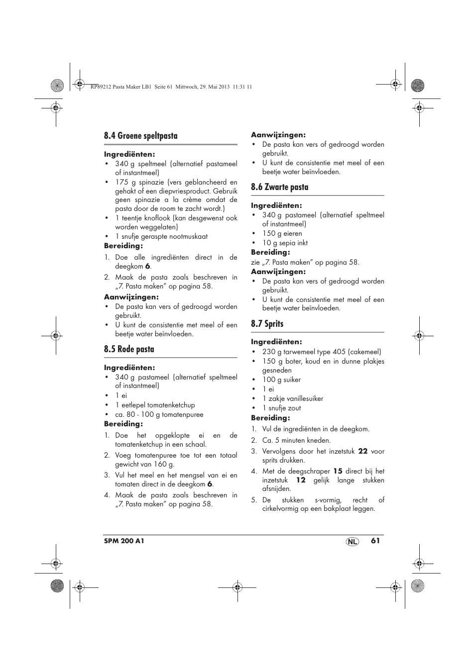 4 groene speltpasta, 5 rode pasta, 6 zwarte pasta | 7 sprits | Silvercrest SPM 200 A1 User Manual | Page 63 / 86