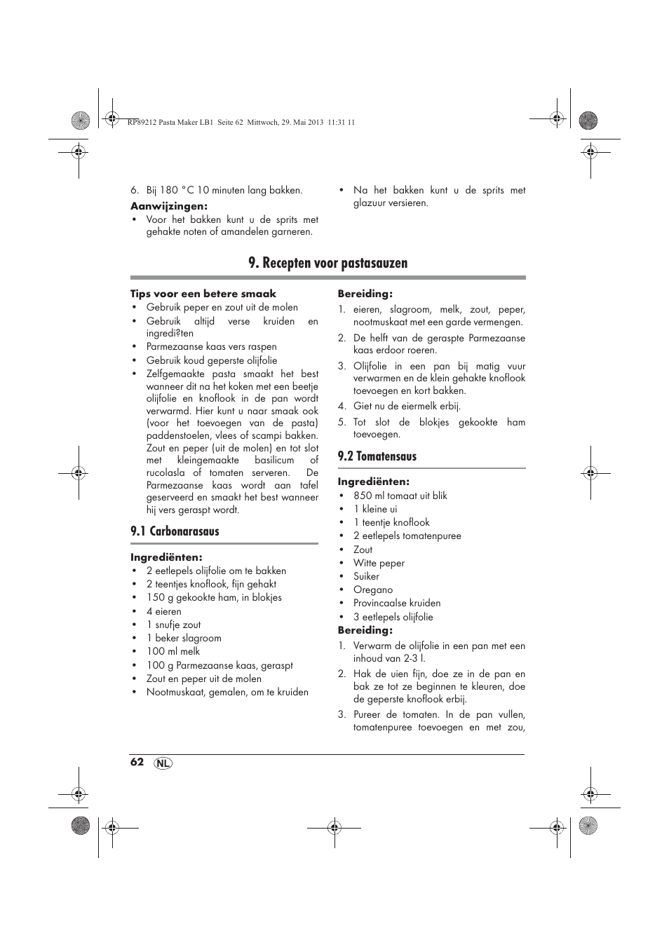 Recepten voor pastasauzen, 1 carbonarasaus, 2 tomatensaus | Silvercrest SPM 200 A1 User Manual | Page 64 / 86