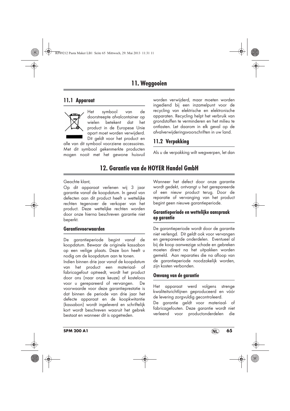 Weggooien, Garantie van de hoyer handel gmbh | Silvercrest SPM 200 A1 User Manual | Page 67 / 86