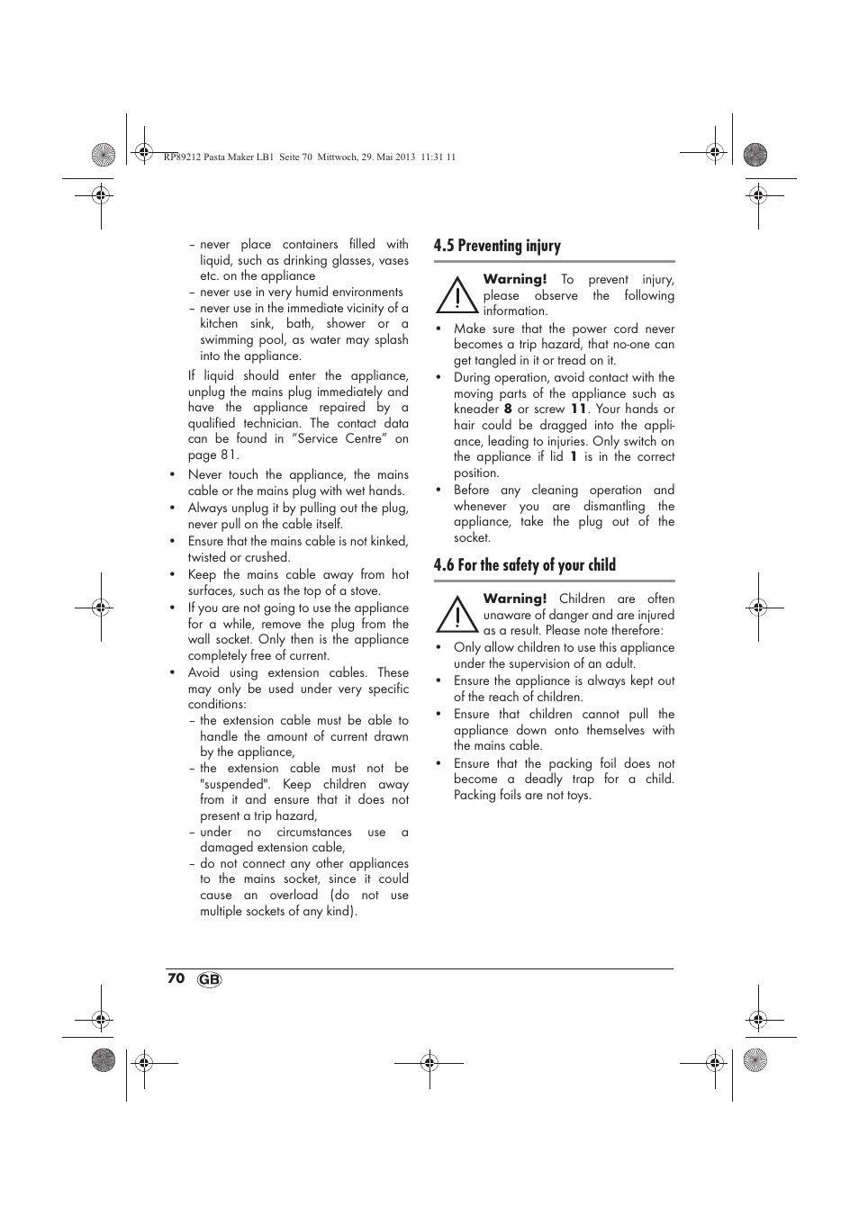 5 preventing injury, 6 for the safety of your child | Silvercrest SPM 200 A1 User Manual | Page 72 / 86
