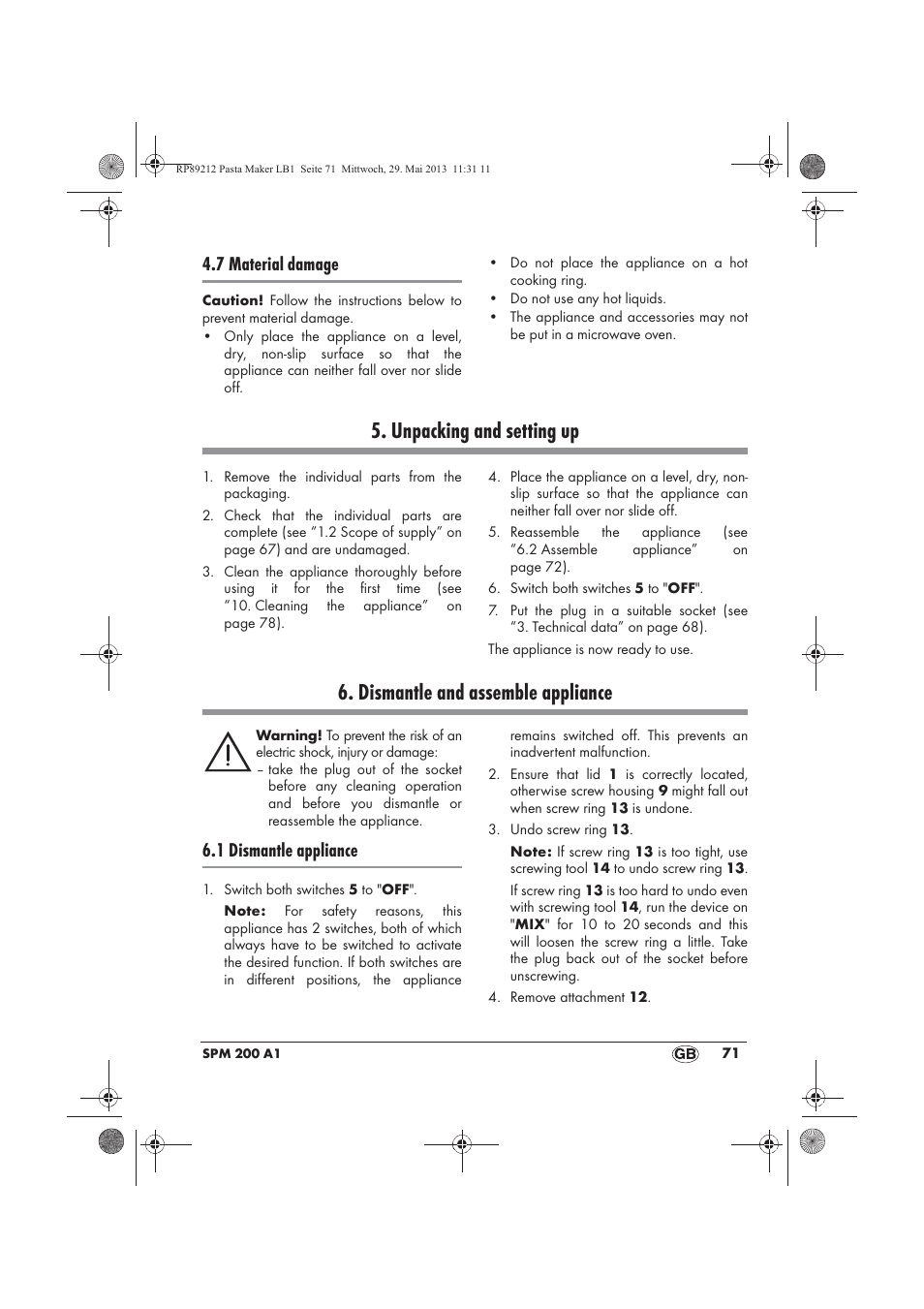 Unpacking and setting up, Dismantle and assemble appliance, 7 material damage | 1 dismantle appliance | Silvercrest SPM 200 A1 User Manual | Page 73 / 86