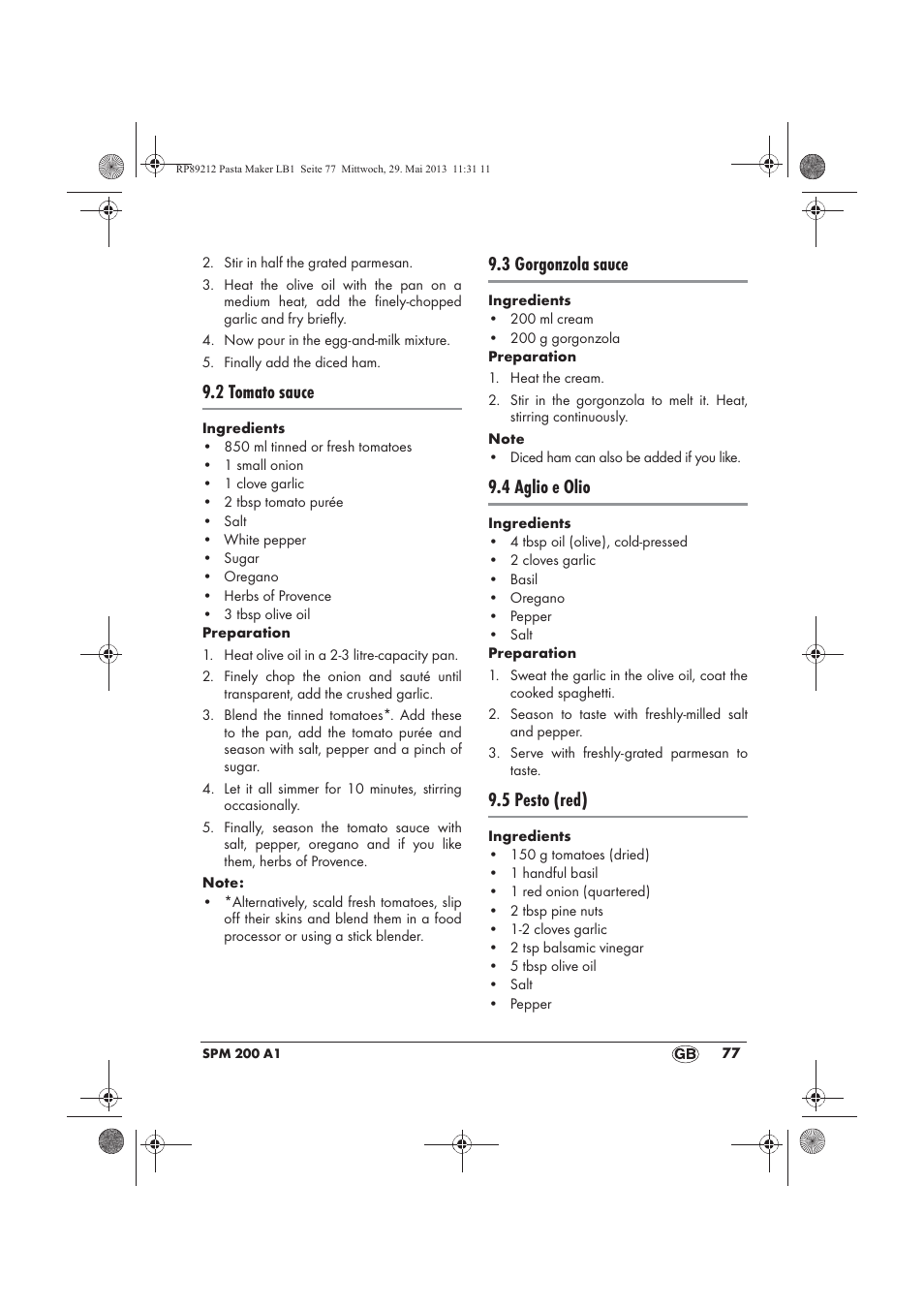 2 tomato sauce, 3 gorgonzola sauce, 4 aglio e olio | 5 pesto (red) | Silvercrest SPM 200 A1 User Manual | Page 79 / 86