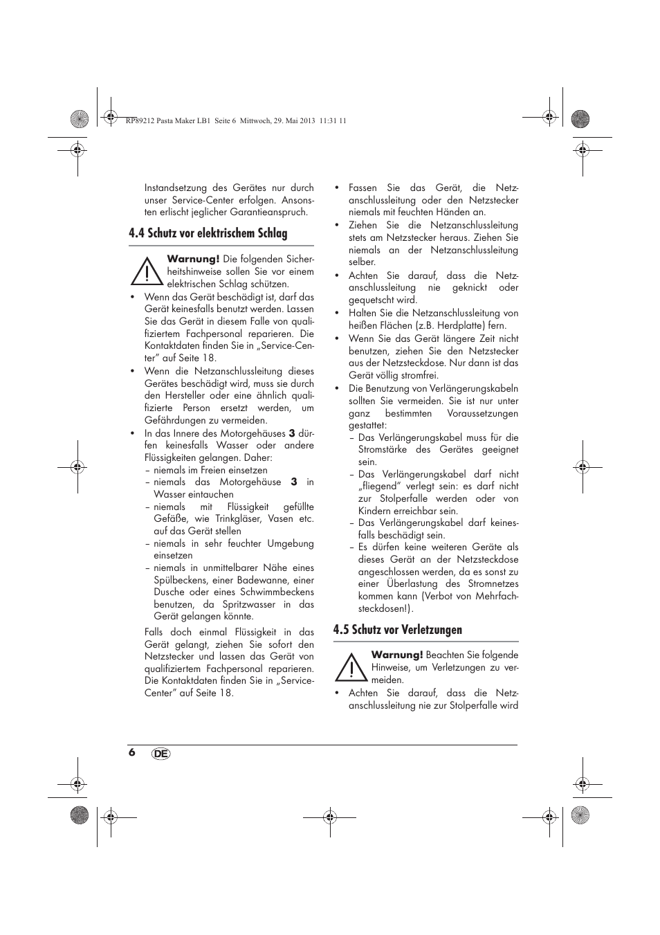 4 schutz vor elektrischem schlag, 5 schutz vor verletzungen | Silvercrest SPM 200 A1 User Manual | Page 8 / 86