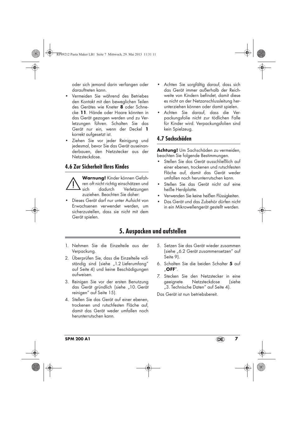 Auspacken und aufstellen, 6 zur sicherheit ihres kindes, 7 sachschäden | Silvercrest SPM 200 A1 User Manual | Page 9 / 86