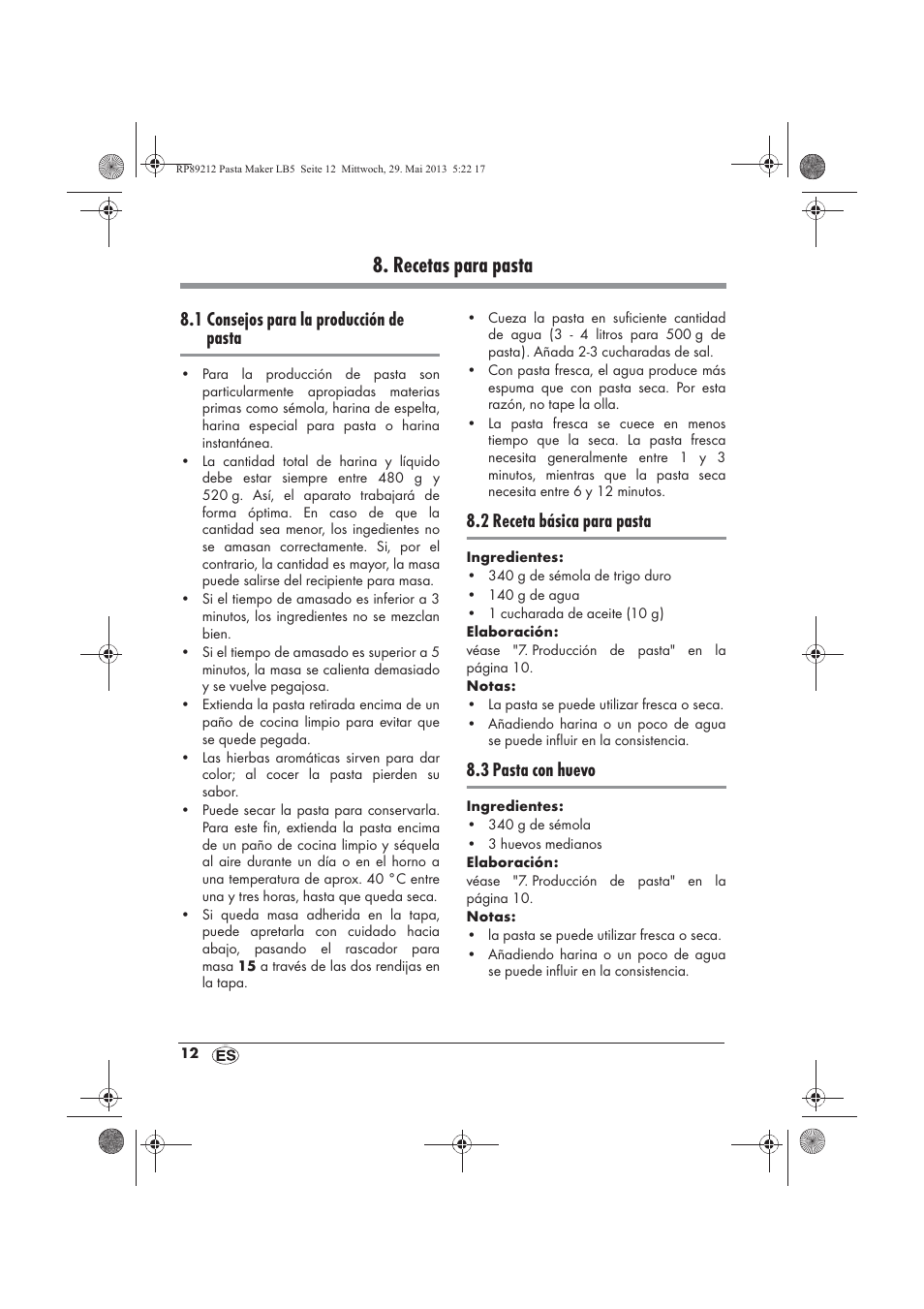 Recetas para pasta, 1 consejos para la producción de pasta, 2 receta básica para pasta | 3 pasta con huevo | Silvercrest SPM 200 A1 User Manual | Page 14 / 86