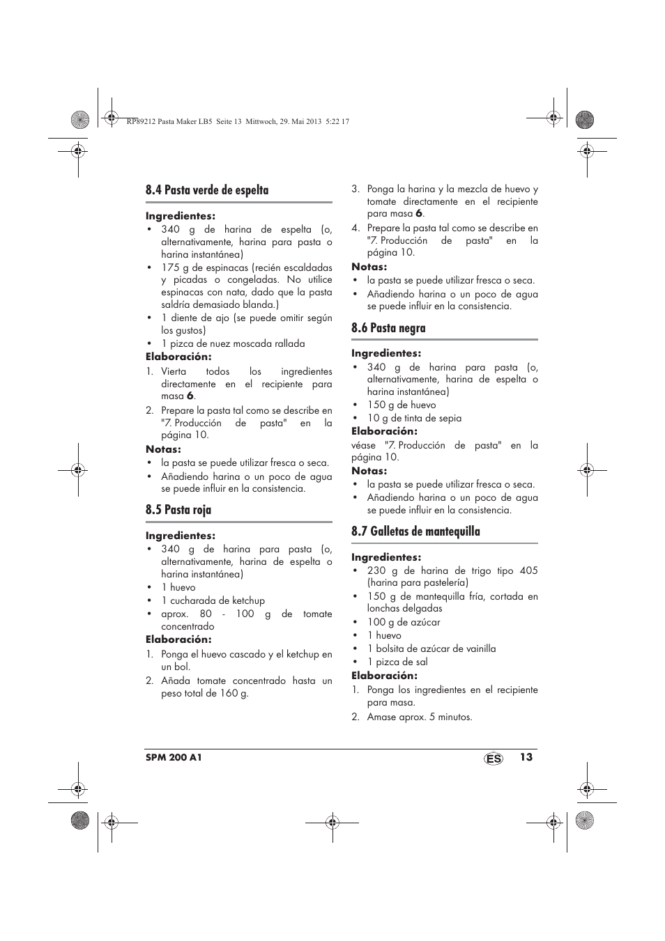 4 pasta verde de espelta, 5 pasta roja, 6 pasta negra | 7 galletas de mantequilla | Silvercrest SPM 200 A1 User Manual | Page 15 / 86