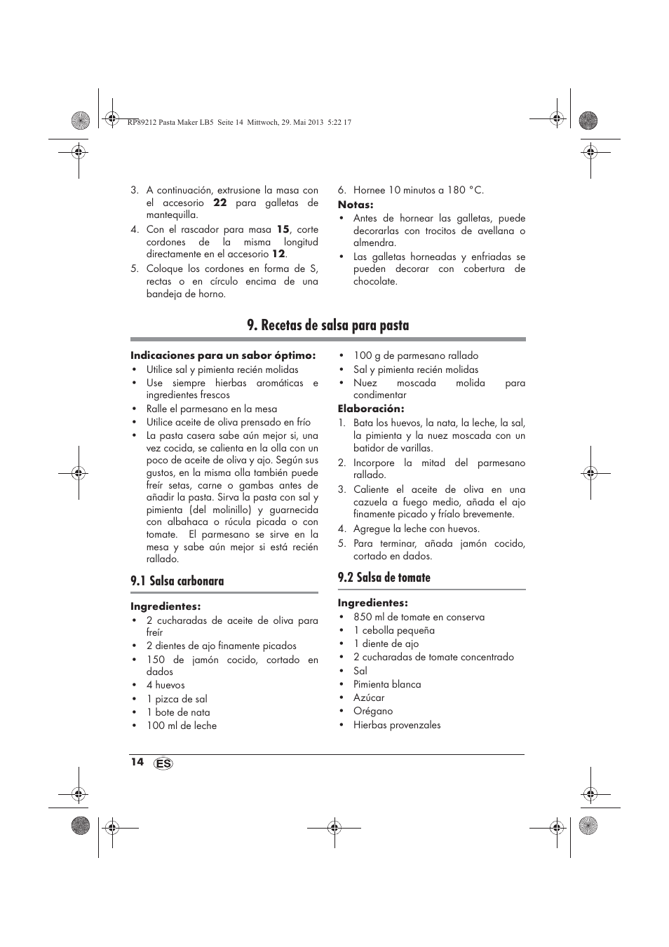 Recetas de salsa para pasta, 1 salsa carbonara, 2 salsa de tomate | Silvercrest SPM 200 A1 User Manual | Page 16 / 86